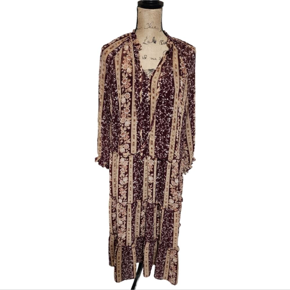 June & Hudson Long Sleeve Sheet Overlay Boho Floral Peasant Maxi Dress‎ Size Med